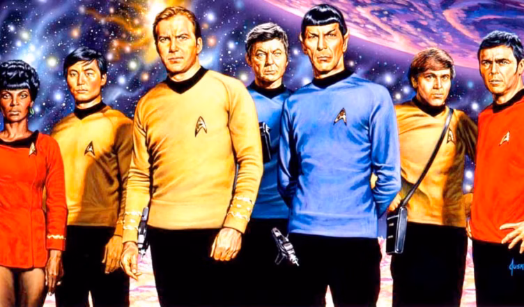 Star Trek Crews image featuring the original Enterprise crew with Kirk, Spock, McCoy, Uhura, Sulu, Chekov and Scotty against the Final Frontier.