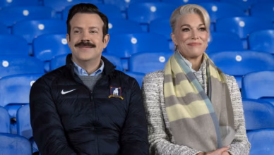 Ted Lasso Episode 401 Preview image from "Home" featuring Ted Lasso and Rebecca Welton at AFC Richmond as Season 4 begins.