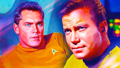 Christopher Pike and James T. Kirk representing the transition of Enterprise command in classic Star Trek.