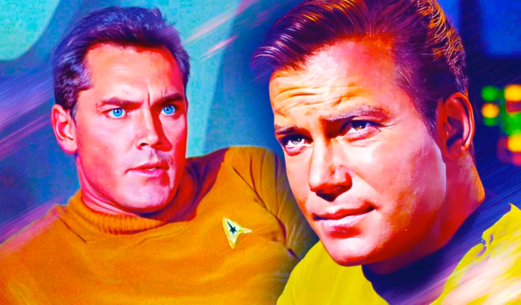 Christopher Pike and James T. Kirk representing the transition of Enterprise command in classic Star Trek.